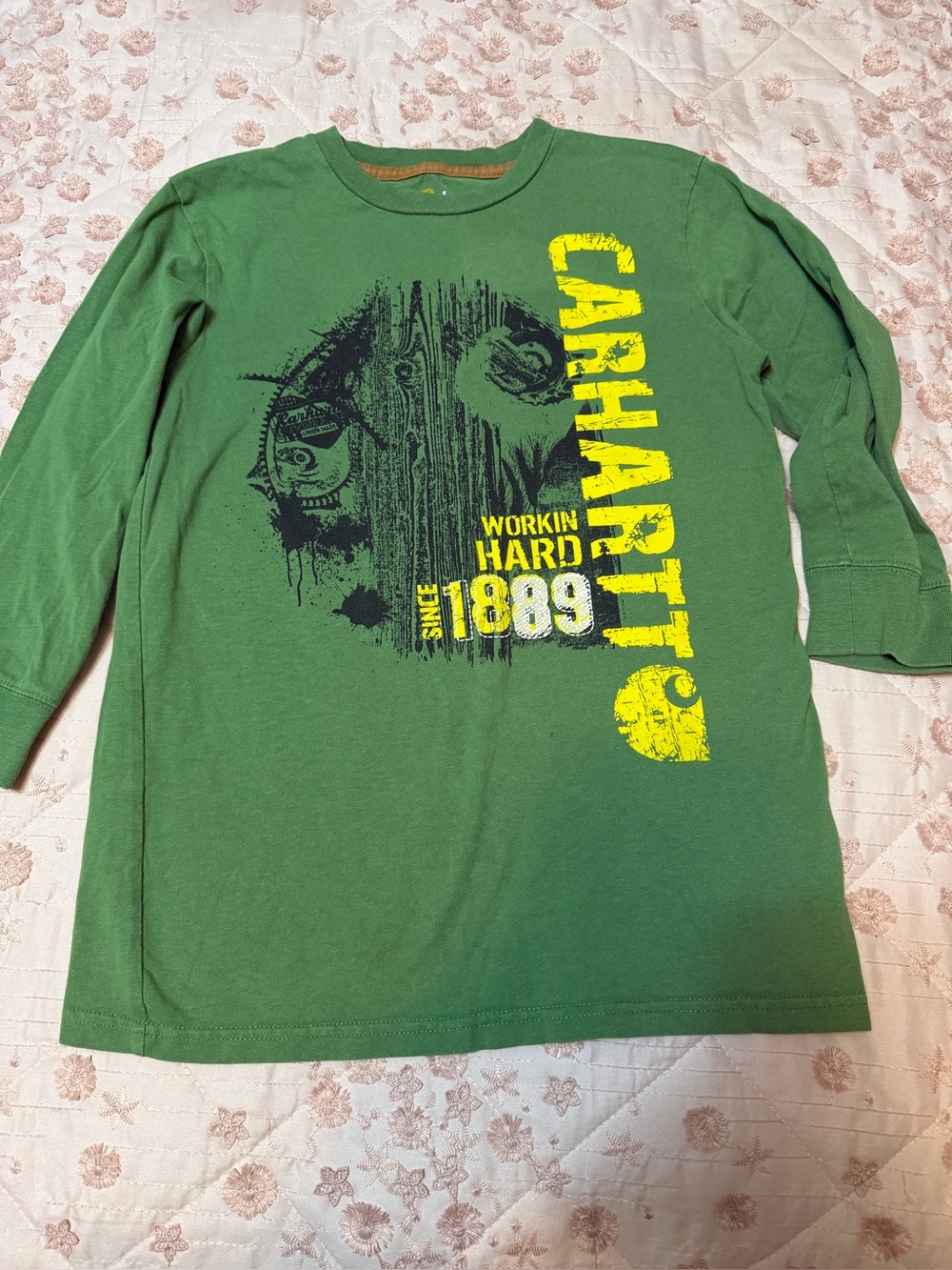 Carhartt Boys Green Graphic Long Sleeve T-Shirt Size S 8-10 Cotton